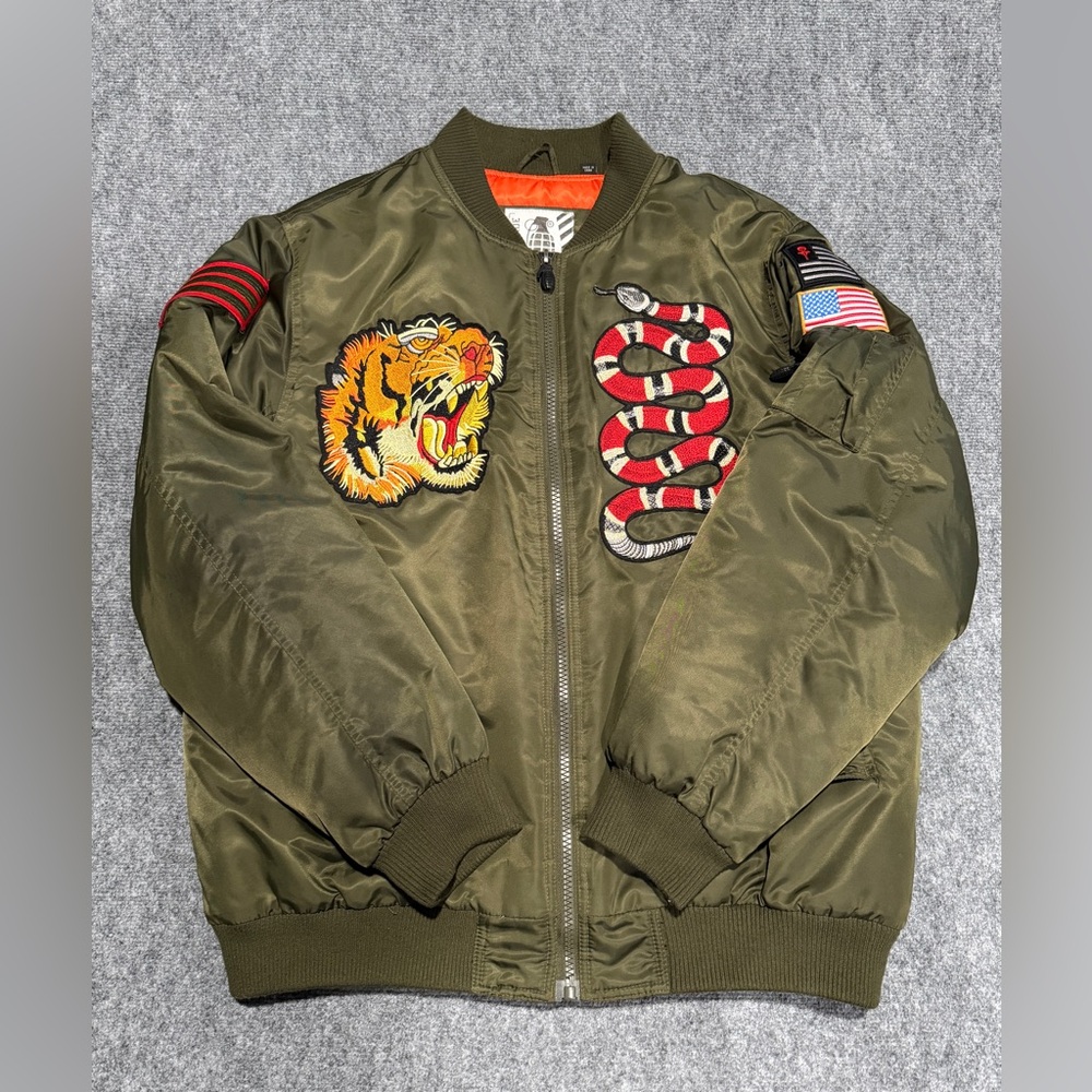 Grenade Olive Bomber Jacket with Tiger and Snake Patches